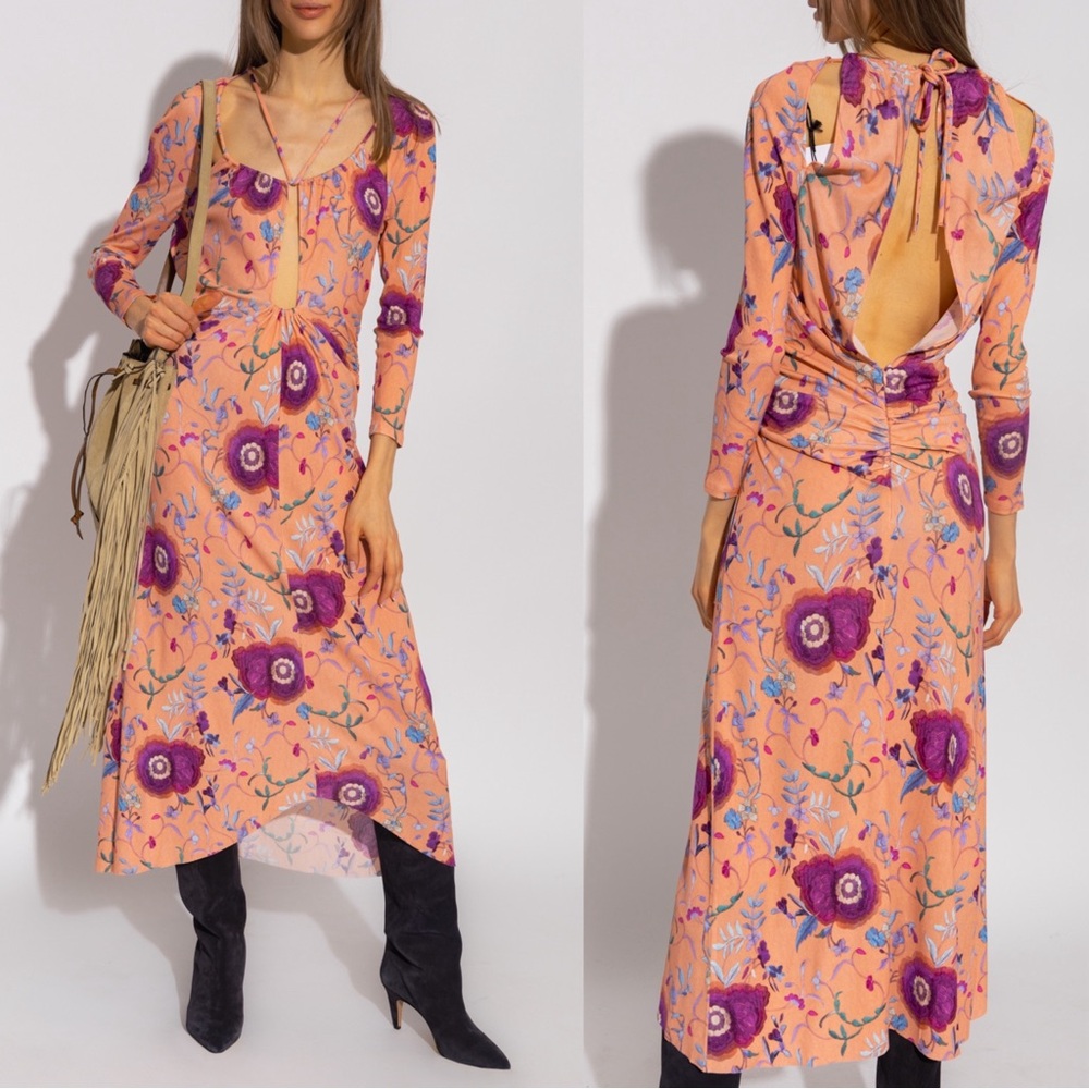 Isabel Marant Jadessi Floral Cutout Asymmetric Midi Dress Peach Womens US 10